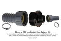 Garden hose reducer kit showing four components: a 25 mm to 12.5 mm male connector, a 25 mm to 12.