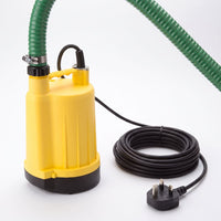 Yellow SPP" puddle pump with hose tail and suction and delivery hose for clearing water from a hot tub