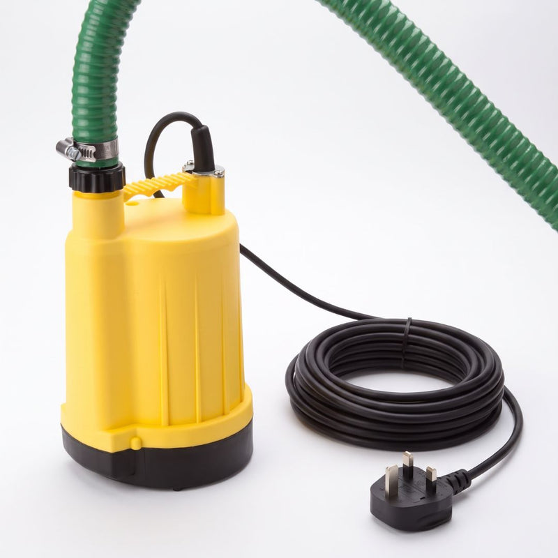 Yellow SPP" puddle pump with hose tail and suction and delivery hose for clearing water from a hot tub