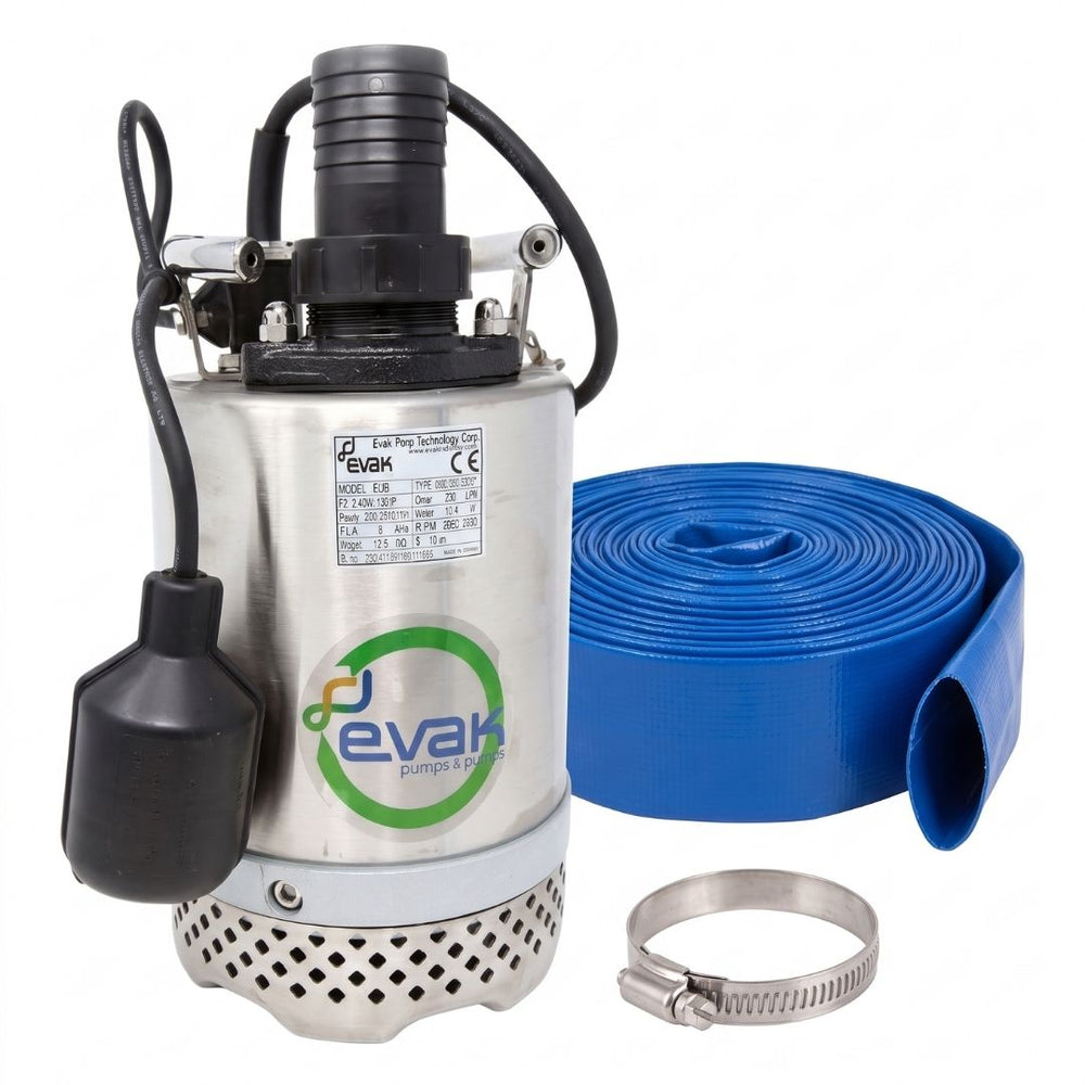 Evak Drainox submersible site drainage pump with a coiled 50mm blue layflat hose and a hose clip on a white background.
