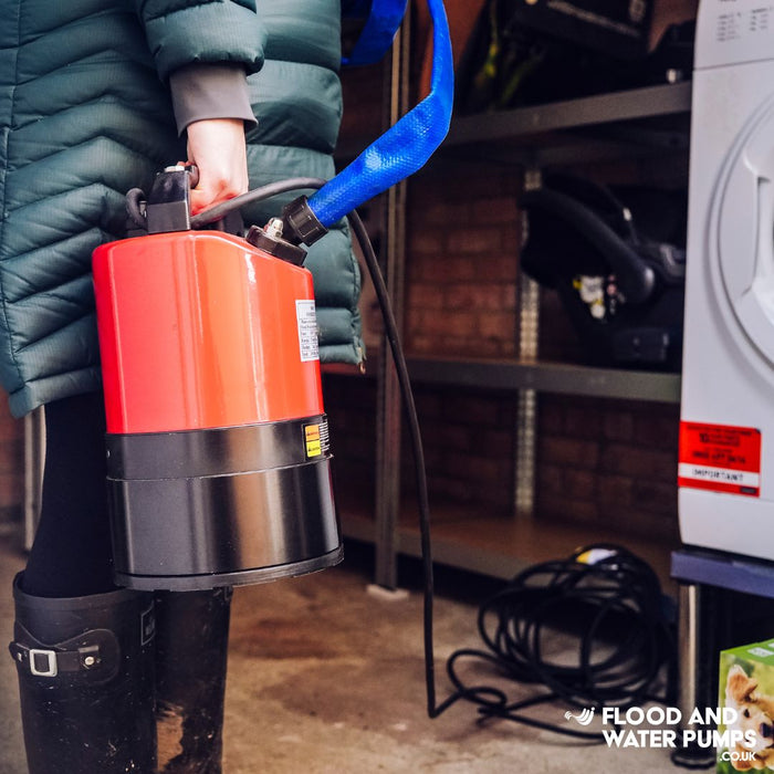 Red Puddle pump pictured in a garage