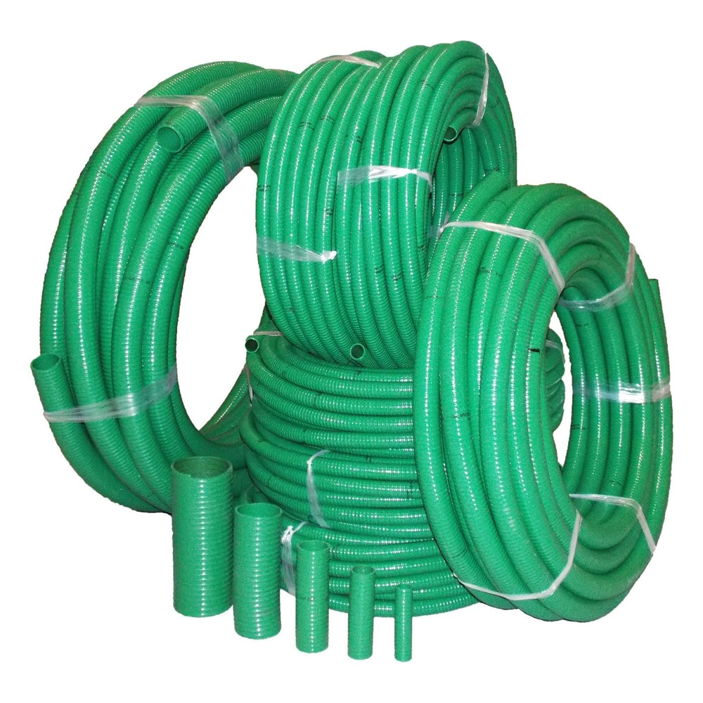 coils of green heavy duty suction and delivery hose pipe