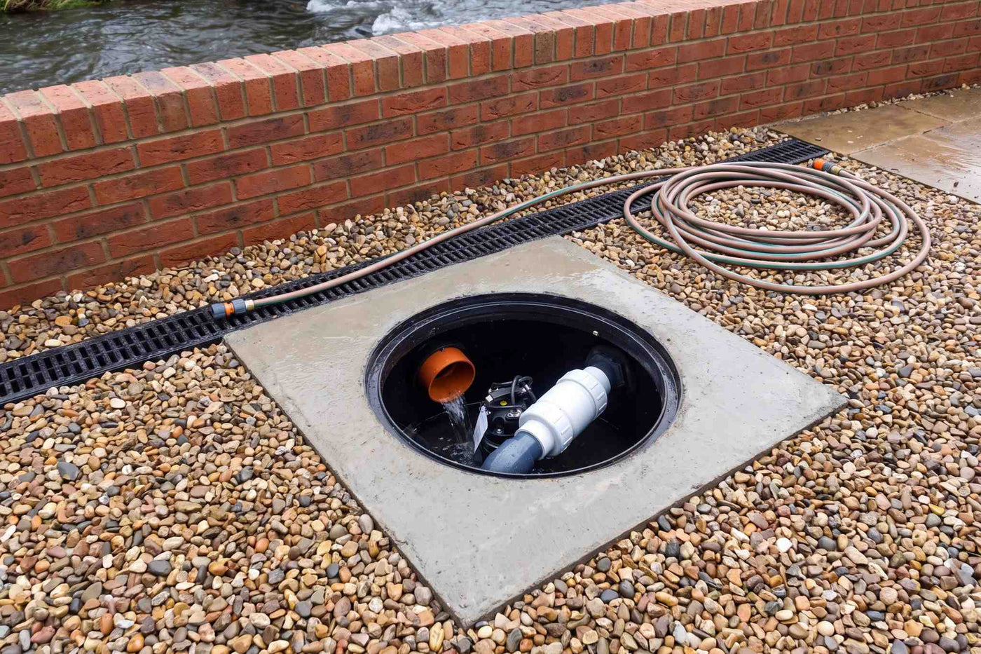 Example Image of Packaged Pump Station and Channel Drain Installed Behind Flood Wall