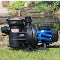 Swimm 3000T swimming pool pump with Speroni branding on a grassy area near a pond.