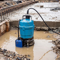 A blue submersible water pump with a black hose and a small blue collection bucket, positioned in muddy water on a construction site.