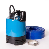 Tsurumi LB480 submersible contractor pump with a coiled blue layflat hose and a metal clamp on a white background.