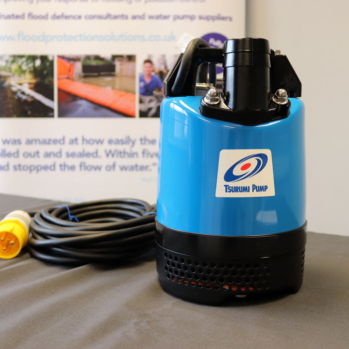 Tsurumi LB Submersible Site Drainage Pump pictured with flood protection backdrop