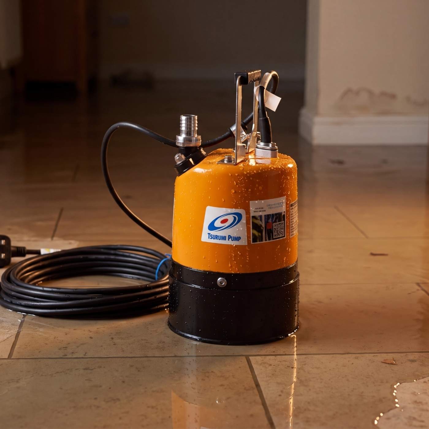 Tsurumi LSC1.4S puddle pump on flooded tiled floor