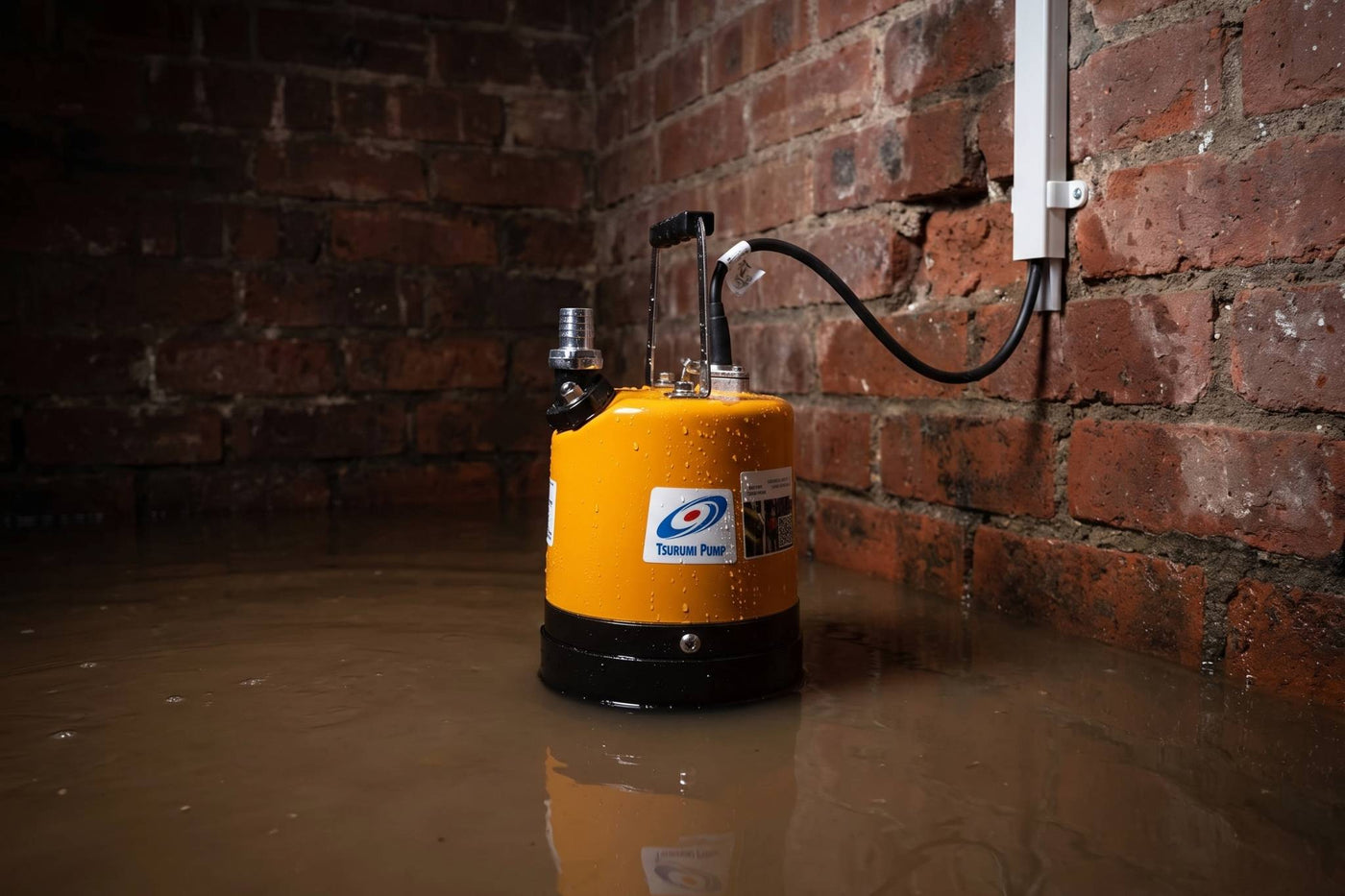 Tsurumi LSC 1.4S pump pictured in cellar flood. This manual pump would need to be turned off and on as required to manage the water level. Pictured here without a hose connected - for pumping up out of a cellar either Suction & Delivery Hose or Fixed Pipework is needed, Layflat Hose would not be suitable.
