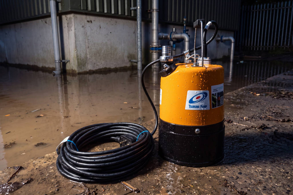 Tsurumi LSC1.4S pump outside plant machinery with surface water flooding.