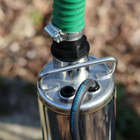 Acuasub well borehole water pump connected to green suction delivery hose