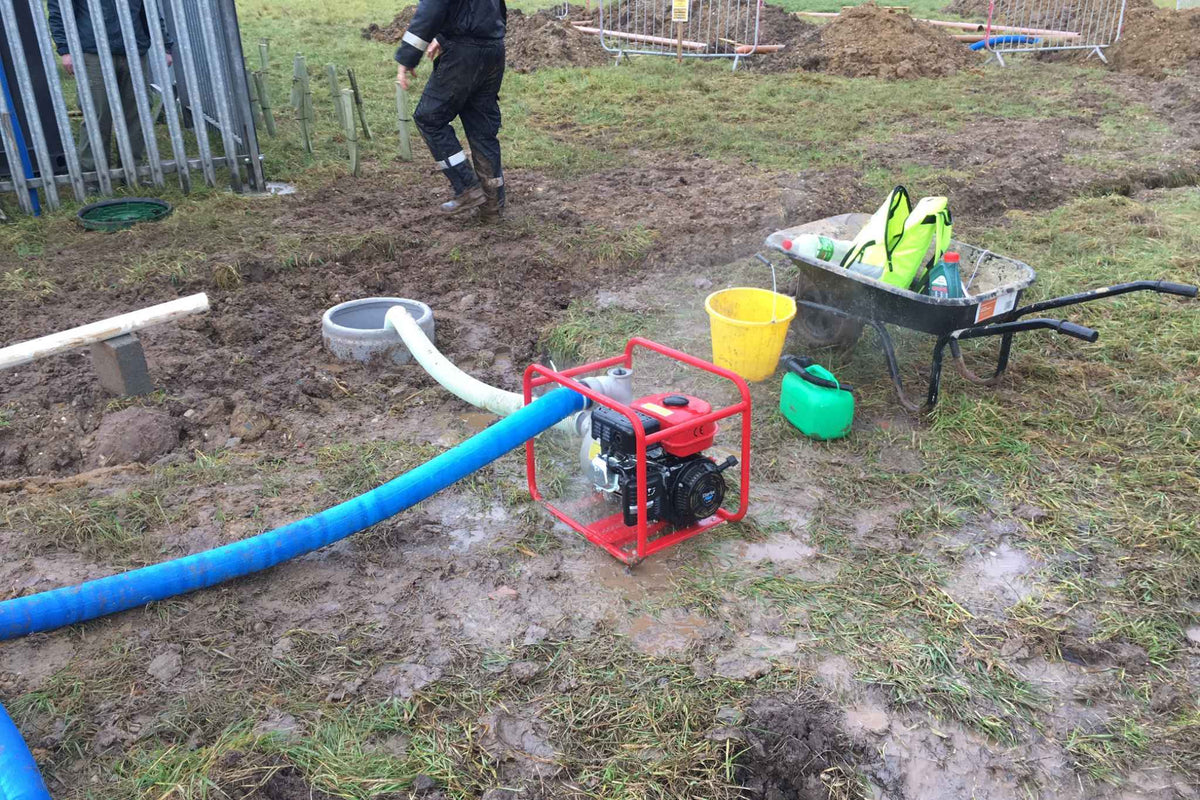 Engine driven pump pictured dewatering a construction site in Hoveringham, Nottinghamshire.