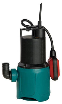 Product shot of green and black TPS pond pump with automatic float switch on white background 