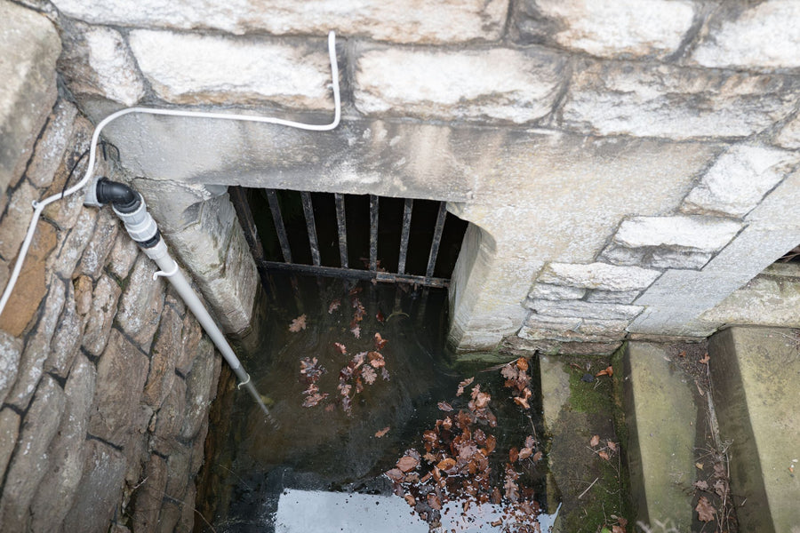 flooded basement at bottom of steps