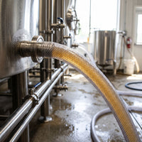 A close-up of a flexible clear braided PVC hose connected to a stainless steel vat in a brewery