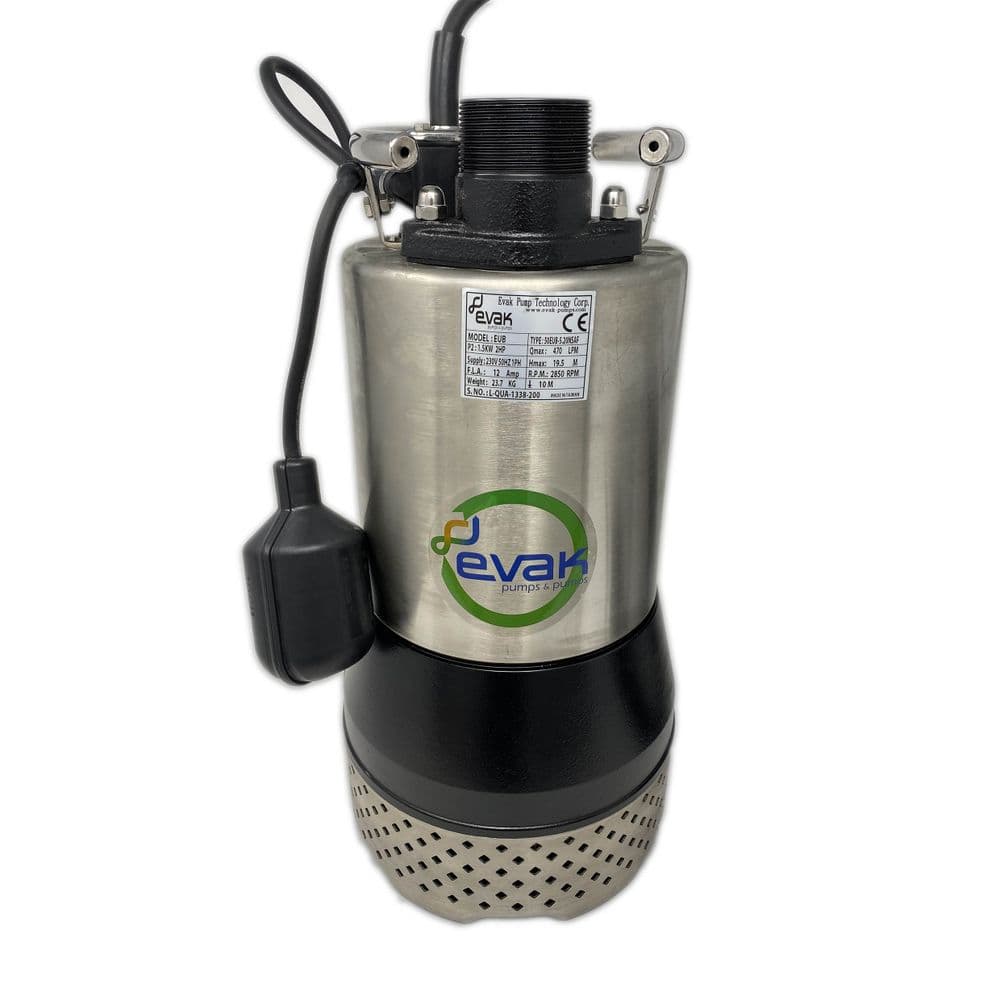 An Evak Drainox 1500 site drainage water pump with a stainless-steel strainer base, complete with automatic float switch. 