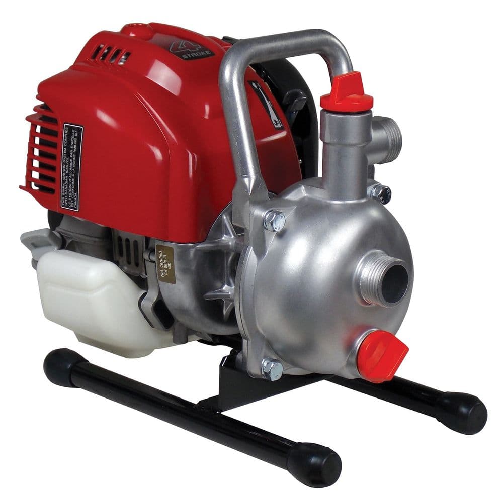 A Tsurumi TE Petrol Site Pump with a red engine and silver metallic body, mounted on black supports.
