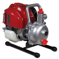 A Tsurumi TE Petrol Site Pump with a red engine and silver metallic body, mounted on black supports.