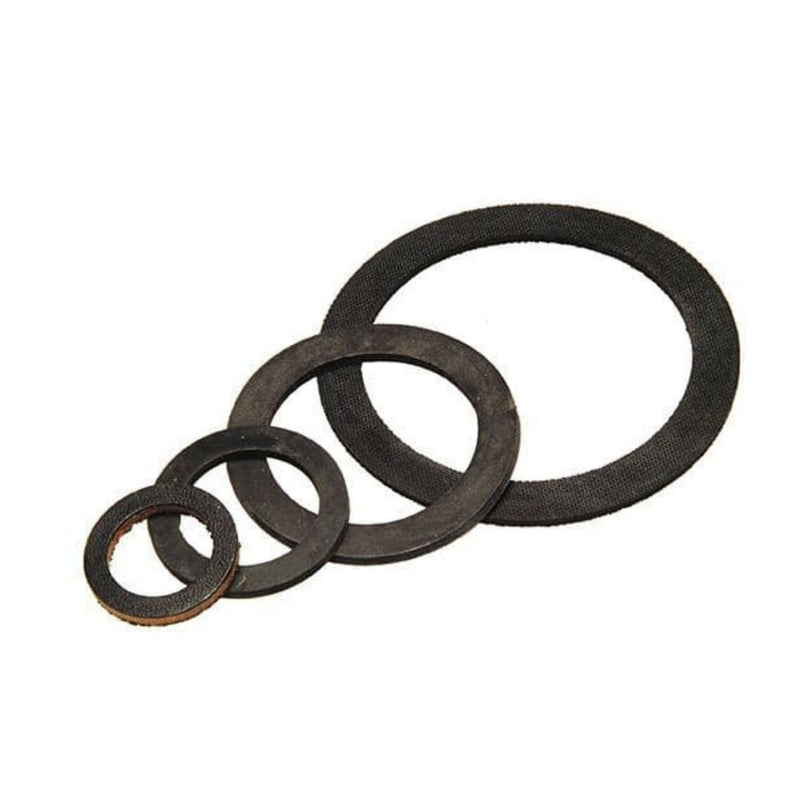 A set of black rubber washers in various sizes.